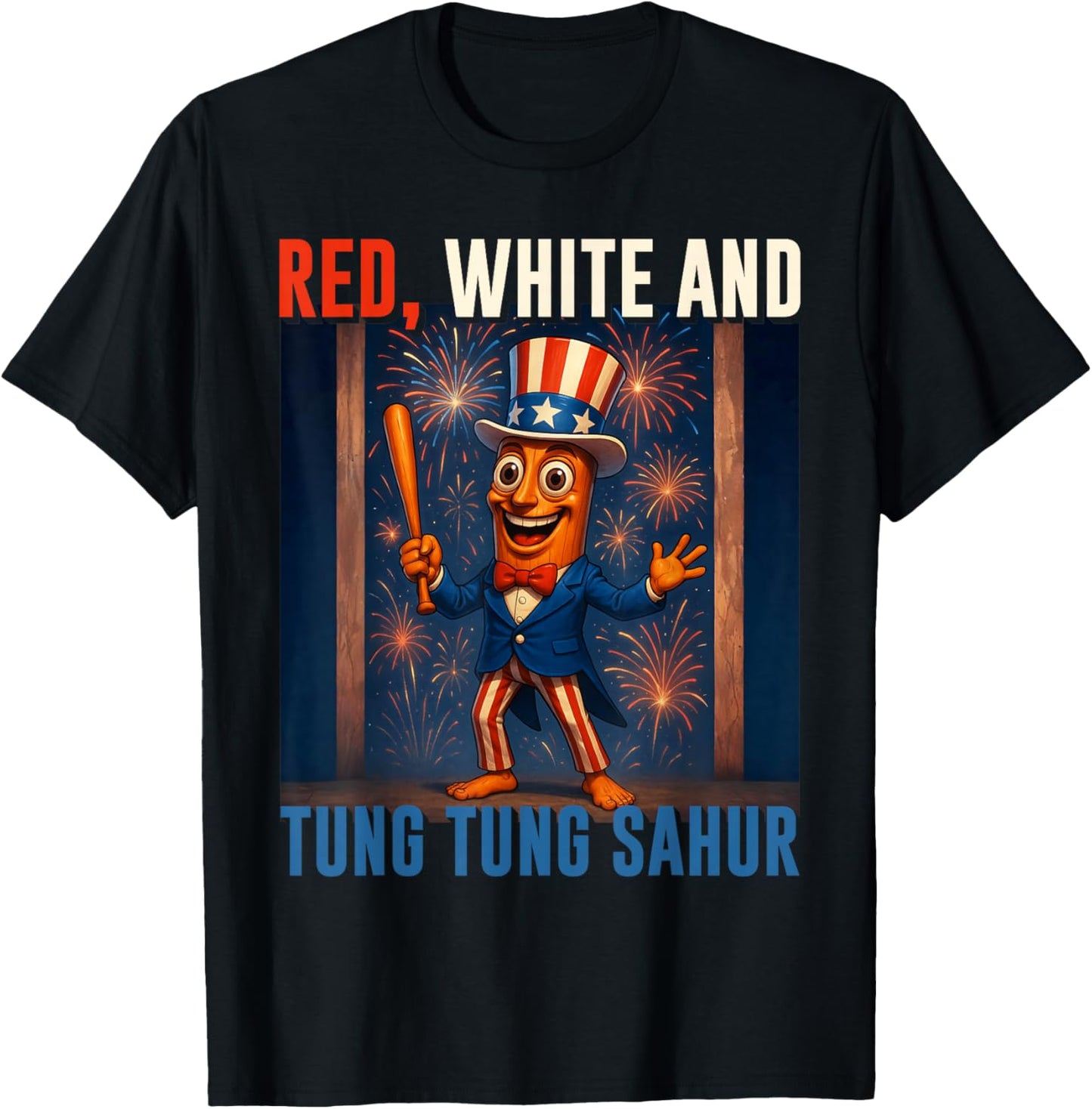 American Independence Tung Tung Sahur Brainrot Italian Meme T-Shirt - T-Shirt | Black