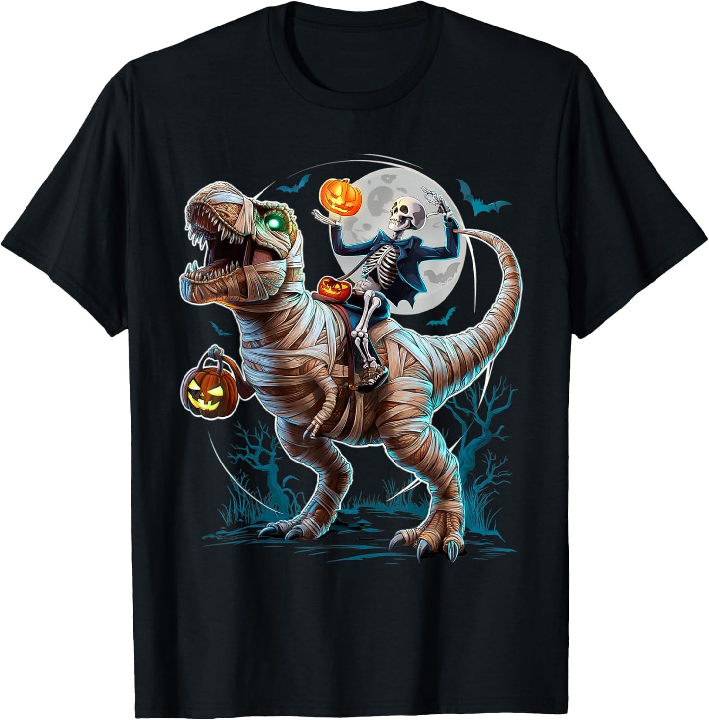 Skeleton Riding Mummy Pumpkin T Rex Dinosaur Funny Halloween T-Shirt - T-Shirt | Black