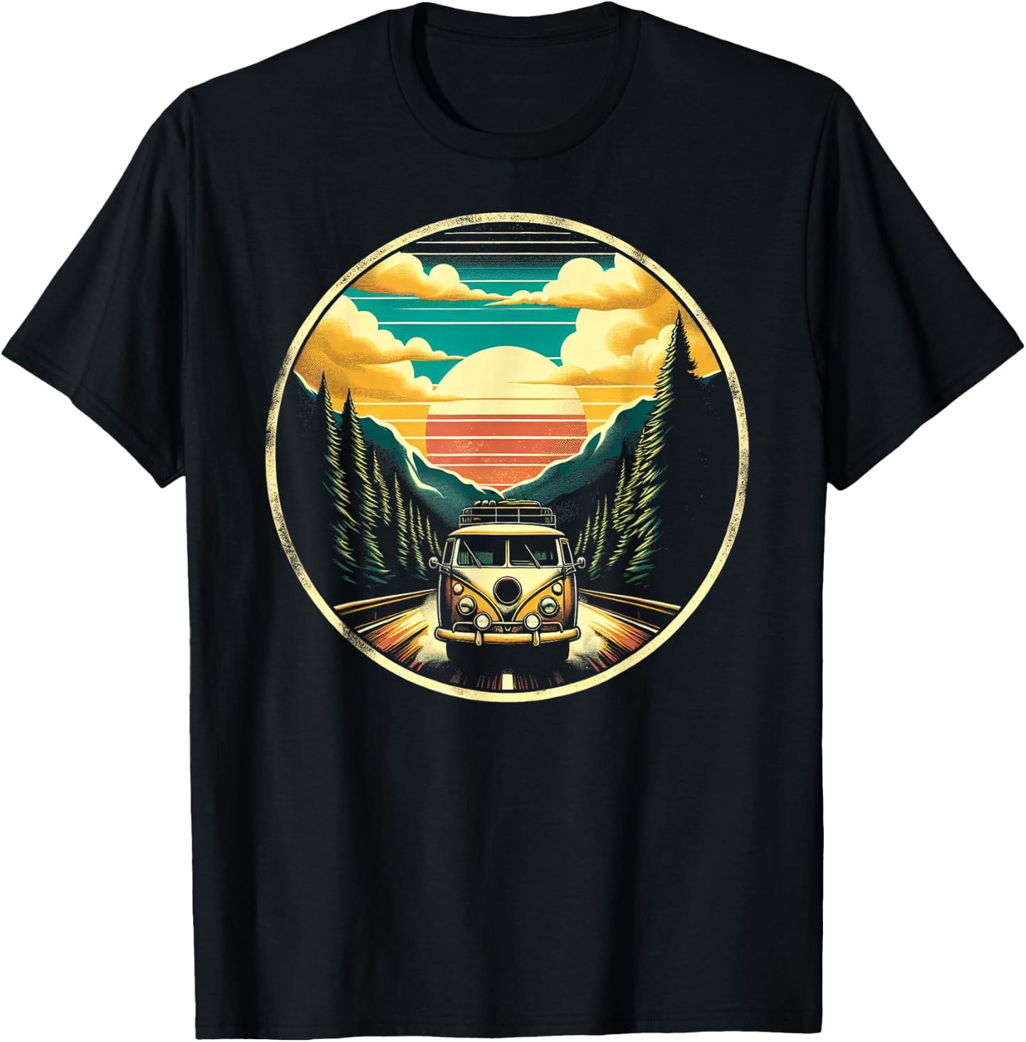 Wanderlust Wonders Retro Van Scenic Adventure , Small, Black T-Shirt - T-Shirt | Black