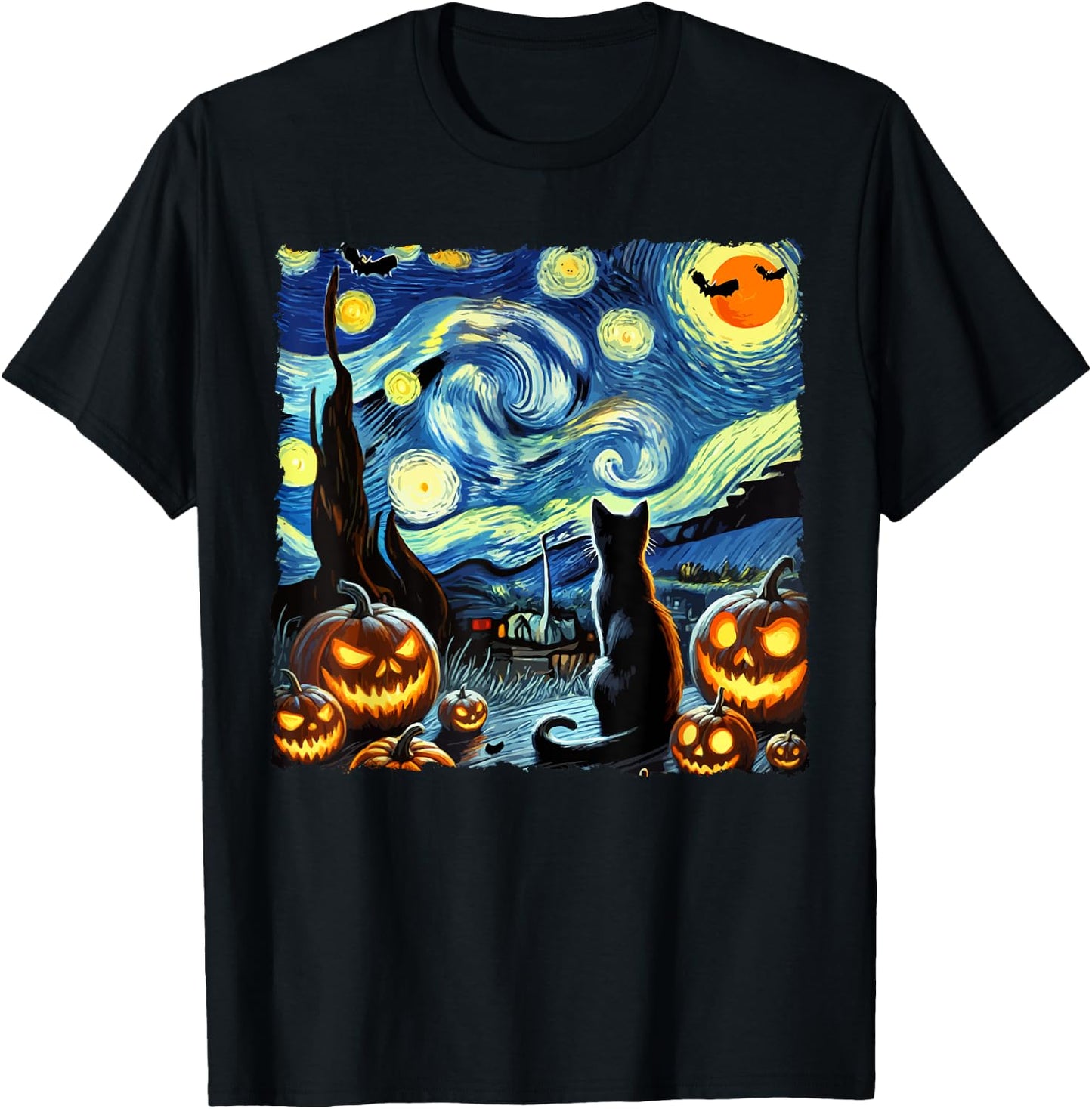 Halloween Van Gogh Starry Night Black Cat Men Women Kids T-Shirt - T-Shirt | Black