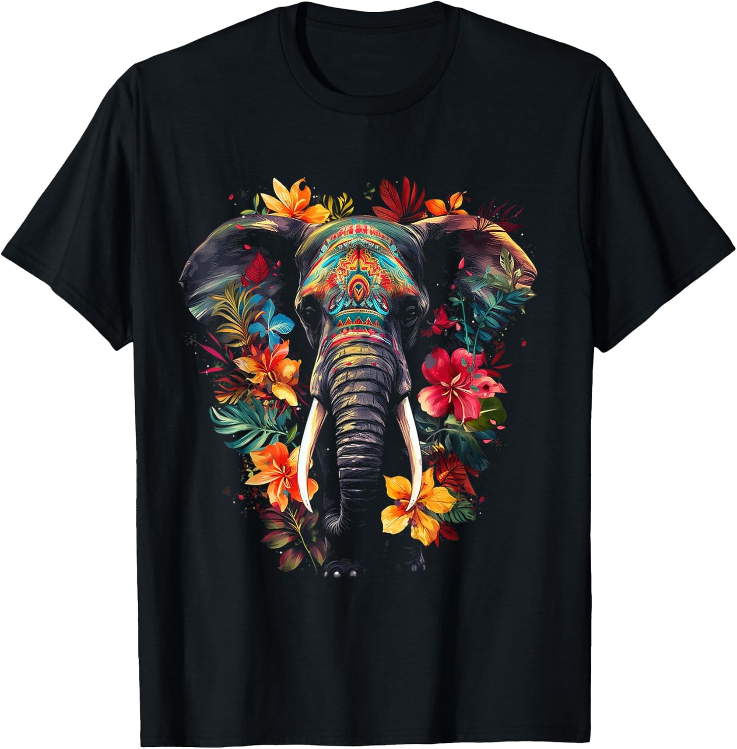 Elephant Flower Animal Graphic Artwork Elephant T-Shirt - T-Shirt | Black