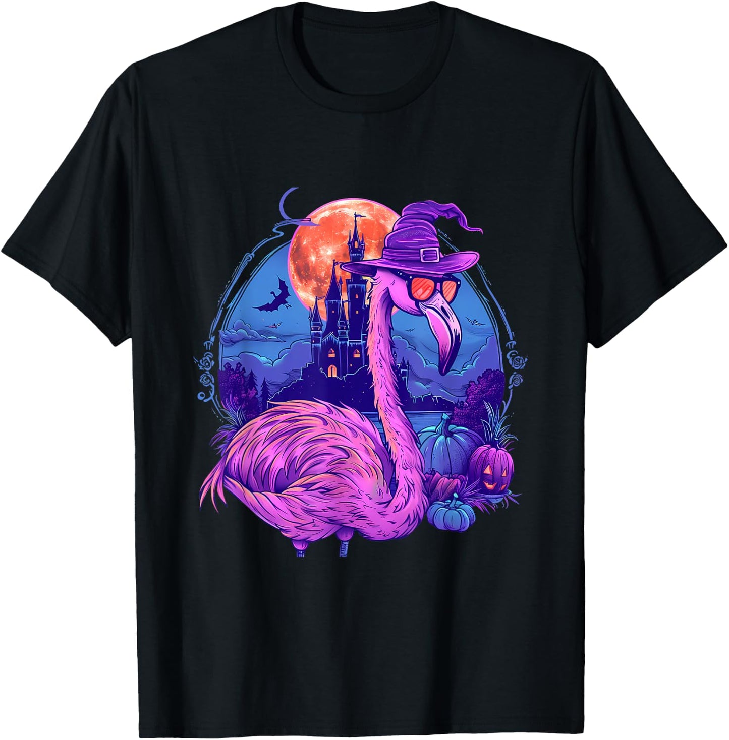 Halloween Flamingo Pumpkin Trick Or Treat Haunted Castle T-Shirt - T-Shirt | Black
