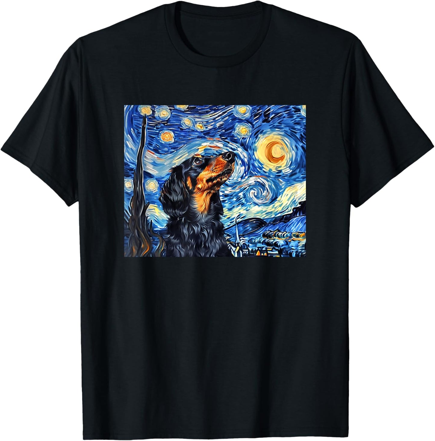 Funny Starry Night Black Long Haired Dachshund Lover T-Shirt - T-Shirt | Black