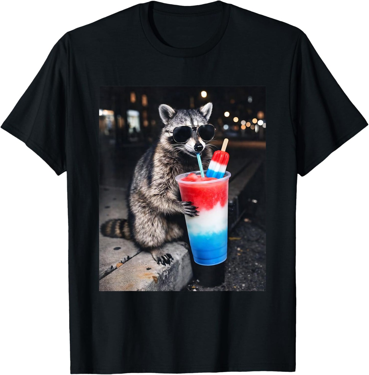 4th of July Raccoon Drinking Patriotic Slushie Popsicle Meme T-Shirt - T-Shirt | Black