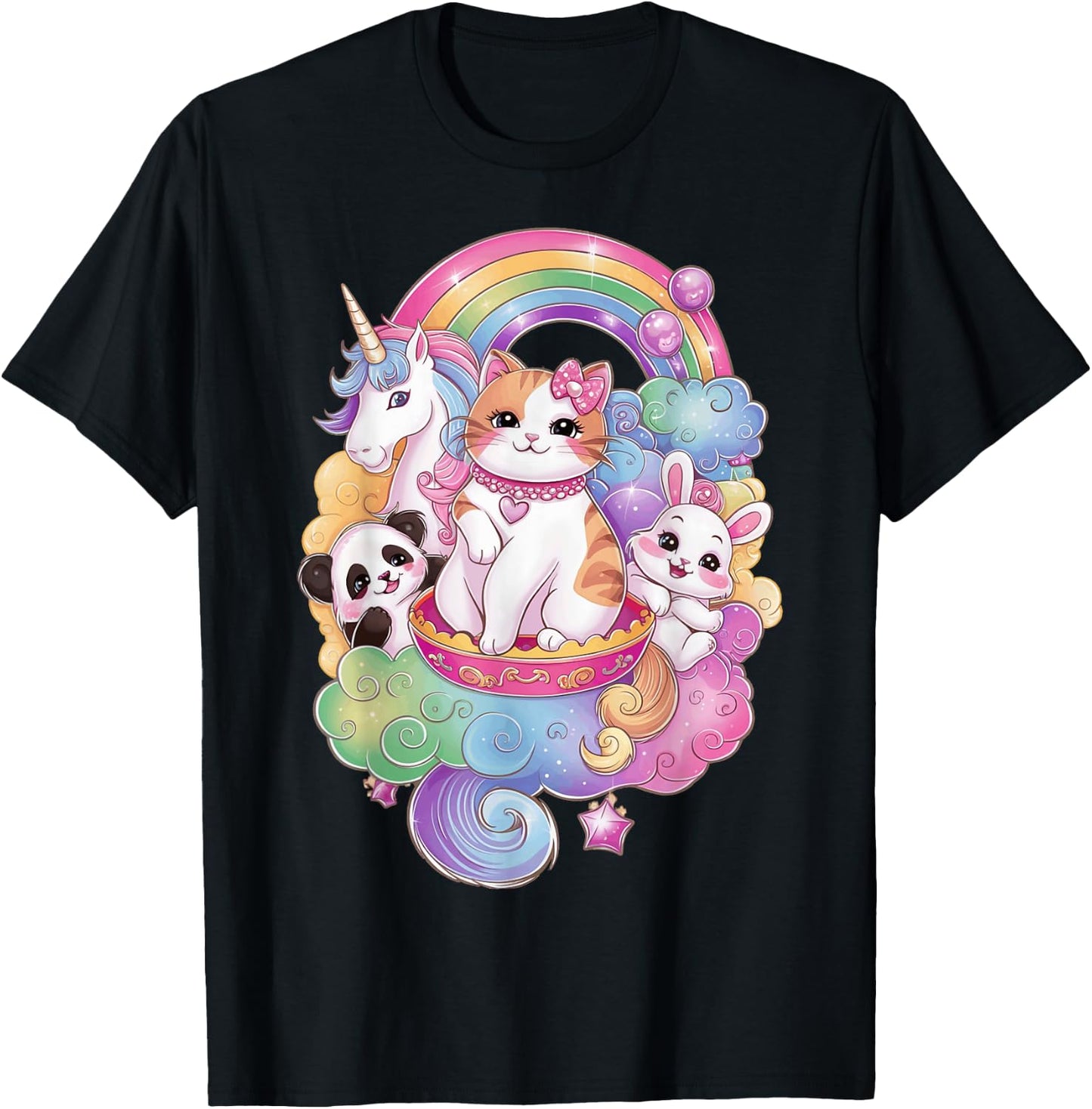 Cute Kawaii Cat Unicorn Panda Bunny Rainbow Anime Teen Kids T-Shirt - T-Shirt | Black