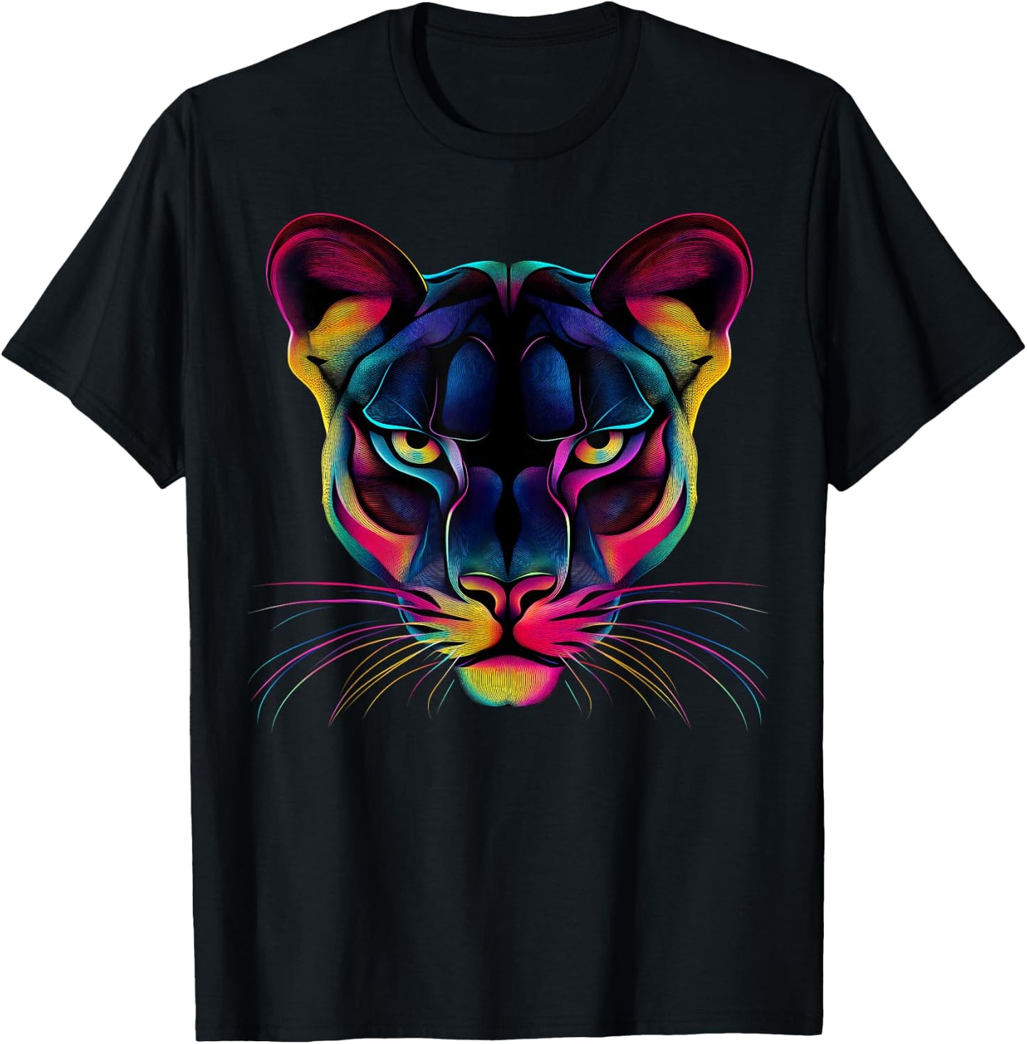 Colorful Mountain Lion Face Wild Animal Big Cats Lover Black T-Shirt - T-Shirt | Black