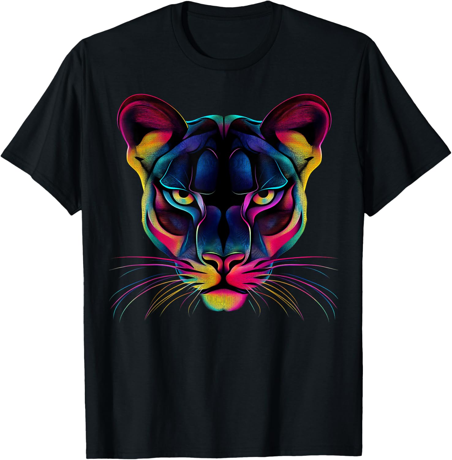 Colorful Mountain Lion Face Wild Animal Big Cats Lover Black T-Shirt - T-Shirt | Black