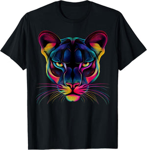 Colorful Mountain Lion Face Wild Animal Big Cats Lover Black T-Shirt - T-Shirt | Black
