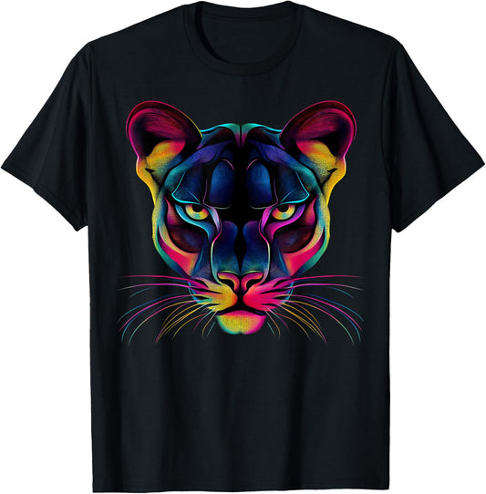 Colorful Mountain Lion Face Wild Animal Big Cats Lover Black T-Shirt - T-Shirt | Black