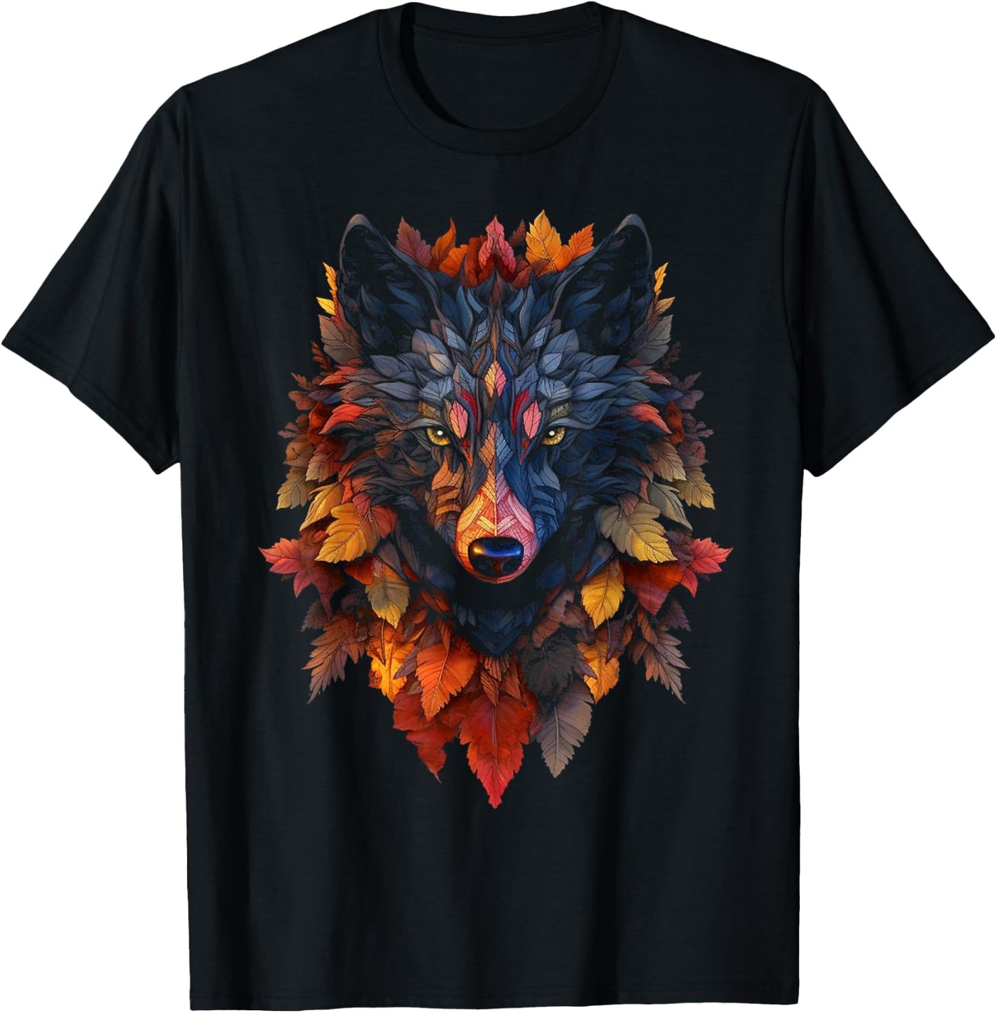 Wolf Autumn Leaves | Art Animal Motif Wolf T-Shirt - T-Shirt | Black