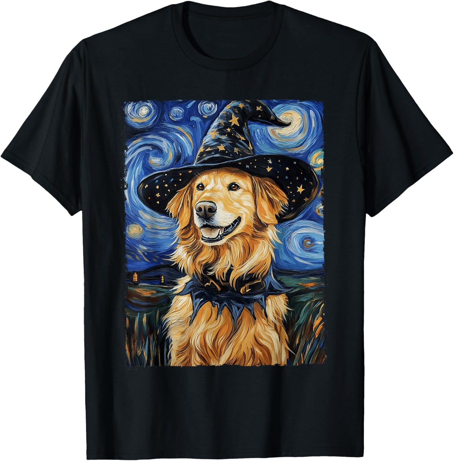 Golden Retriever Witch Costume Painting Starry Night Dog Women Kids T-Shirt - T-Shirt | Black