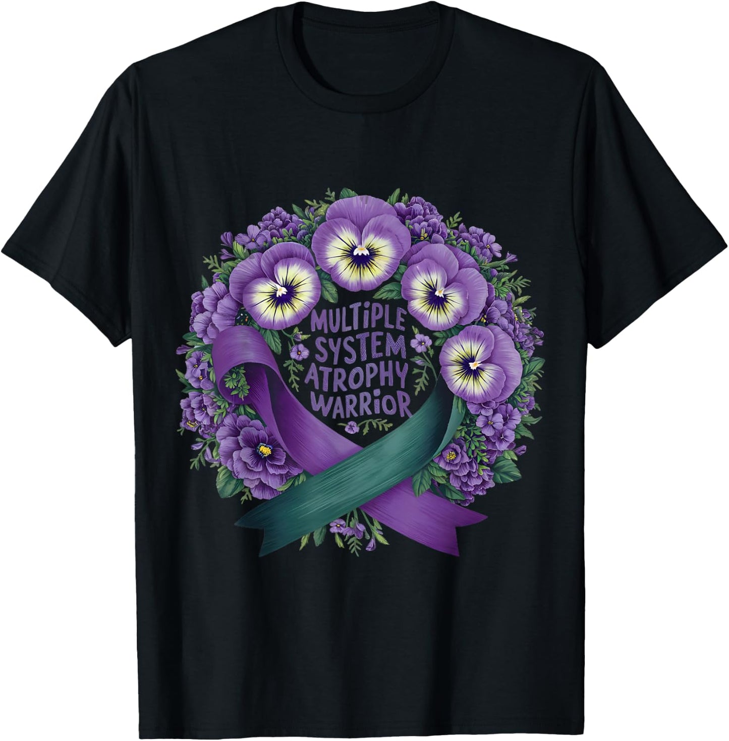 multiple system atrophy Awareness purple floral and ribbon T-Shirt - T-Shirt | Black