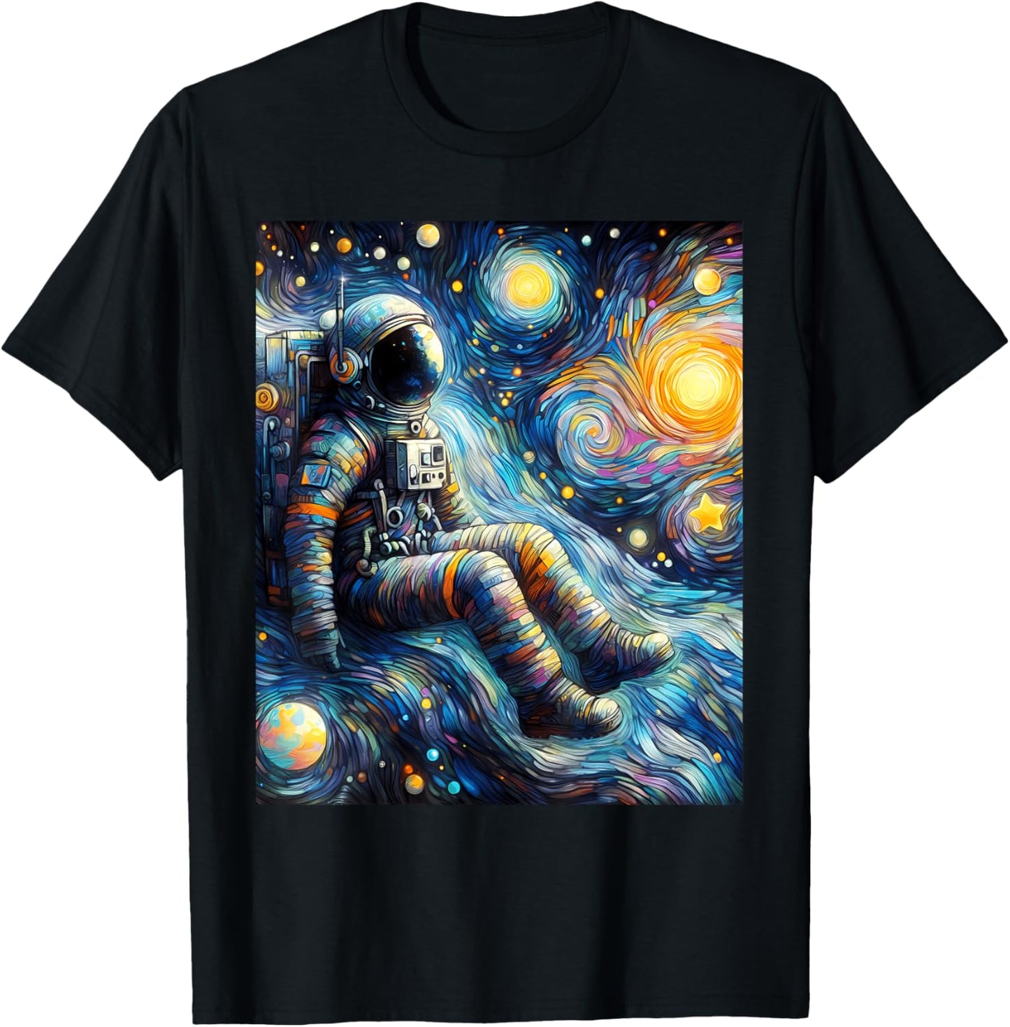 Astronaut Space Planets Starry Night Painting T-Shirt - T-Shirt | Black