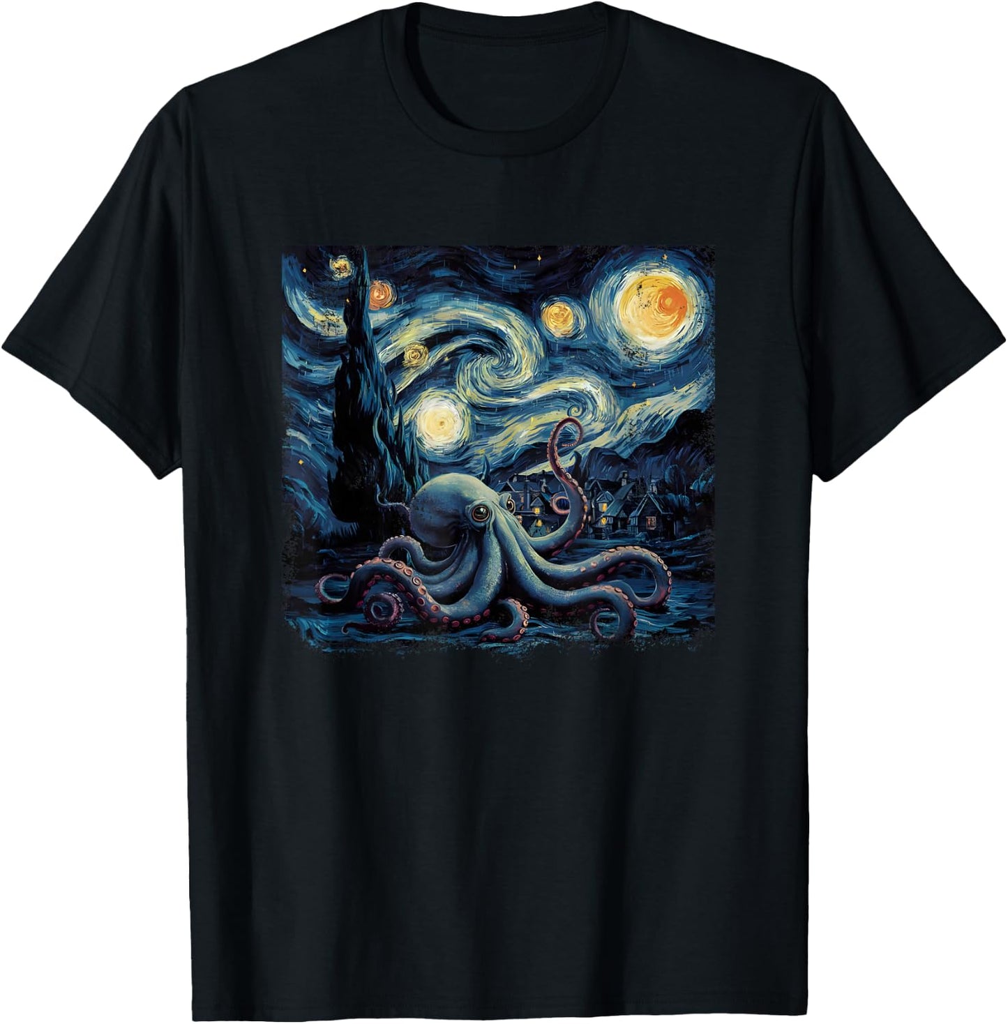 Starry Night Van Gogh Painting Octopus Lover T-Shirt - T-Shirt | Black