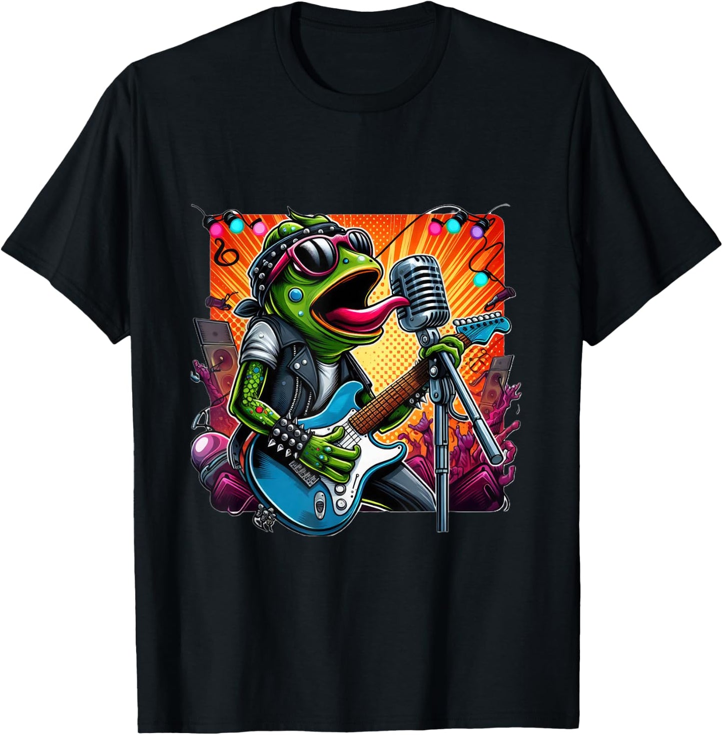 Punk Rock Star Frog Shredding Electric Guitar Vibrant Lights T-Shirt - T-Shirt | Black