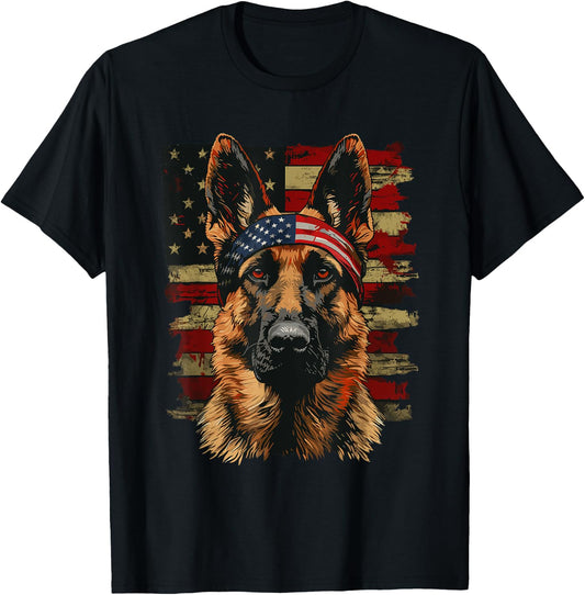German Shepherd Patriotic 4th Of July USA American Flag T-Shirt - T-Shirt | Black