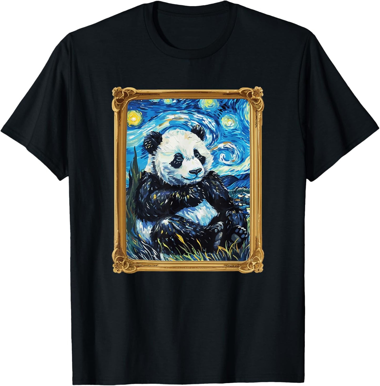 Starry Night Famous Painting Panda T-Shirt - T-Shirt | Black