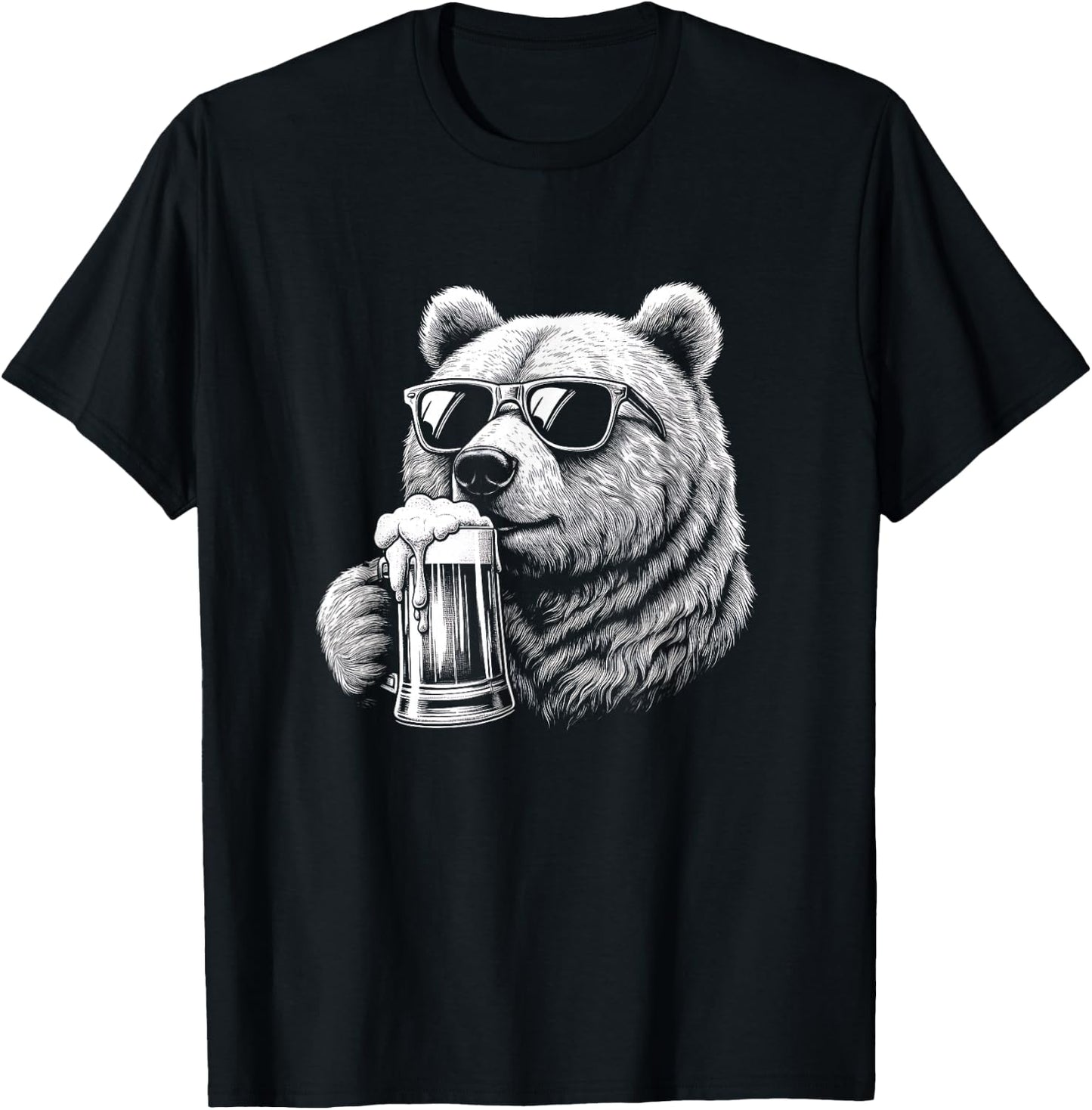 Bear Drinking Beer With Sunglasses Graphic Art Design T-Shirt - T-Shirt | Black