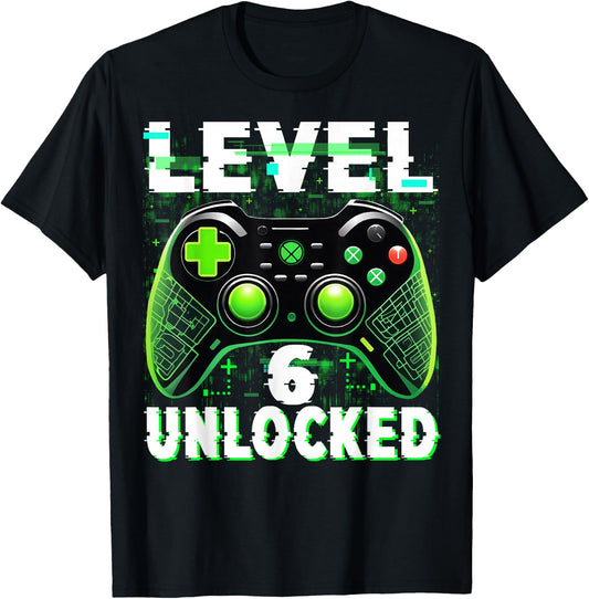 Level 6 Unlocked Shirt Funny Video Gamer Geek 6th Birthday T-Shirt - T-Shirt | Black