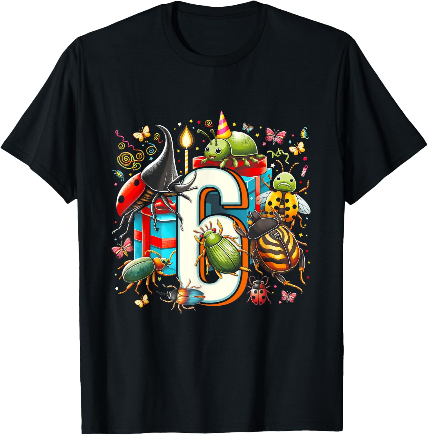 Kids 6th Birthday Bugs Insects Beetles Biology 6 Year Old T-Shirt - T-Shirt | Black