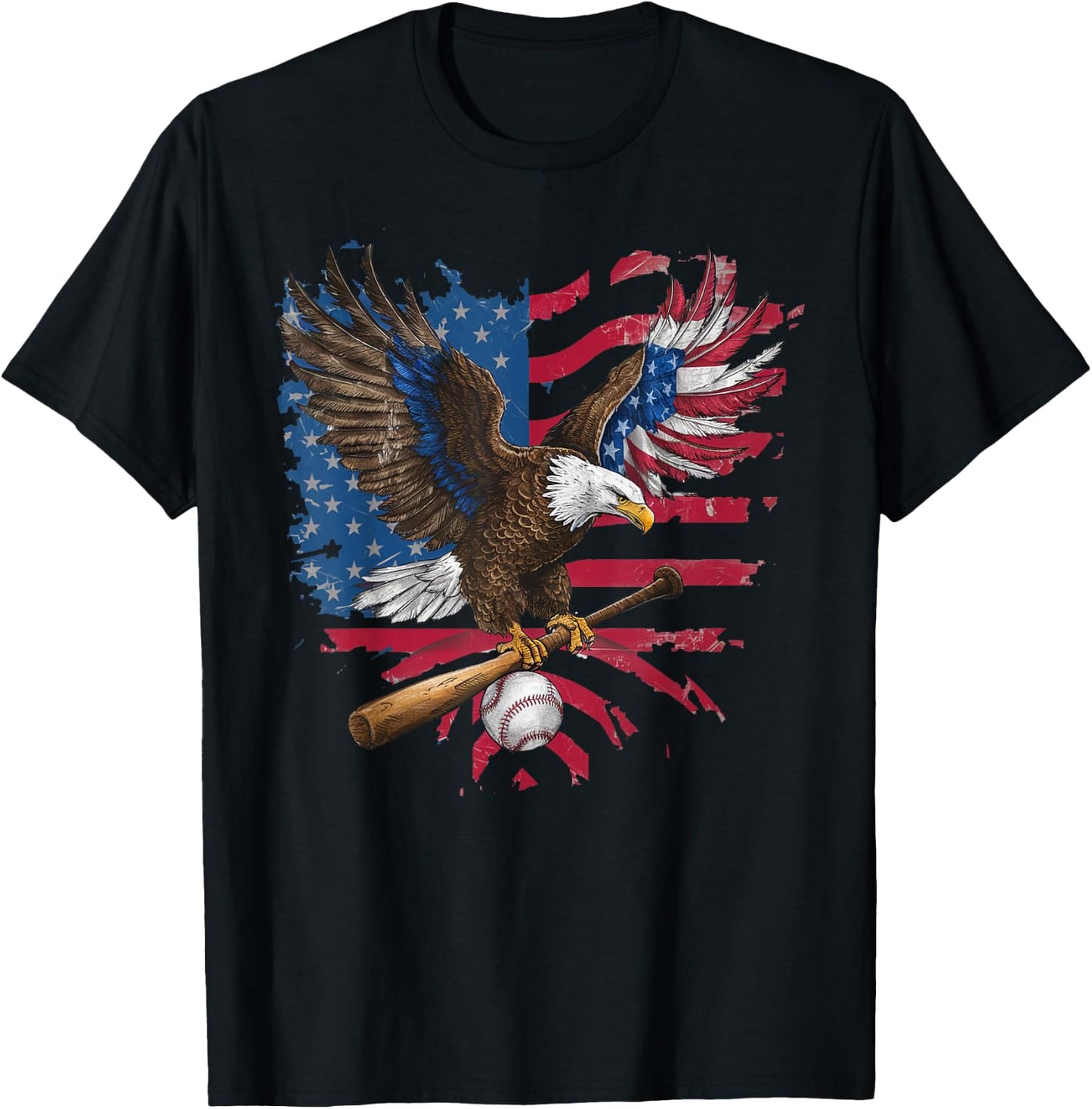 American Flag Baseball Player Bat Fan Catcher Pitcher USA Women Kids Men T-Shirt - T-Shirt | Black
