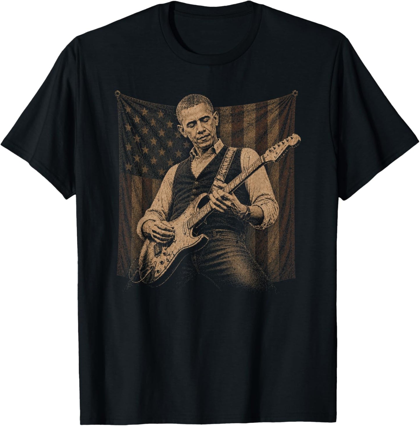 Barack Obama Playing Guitar Patriotic American Rock Music T-Shirt - T-Shirt | Black