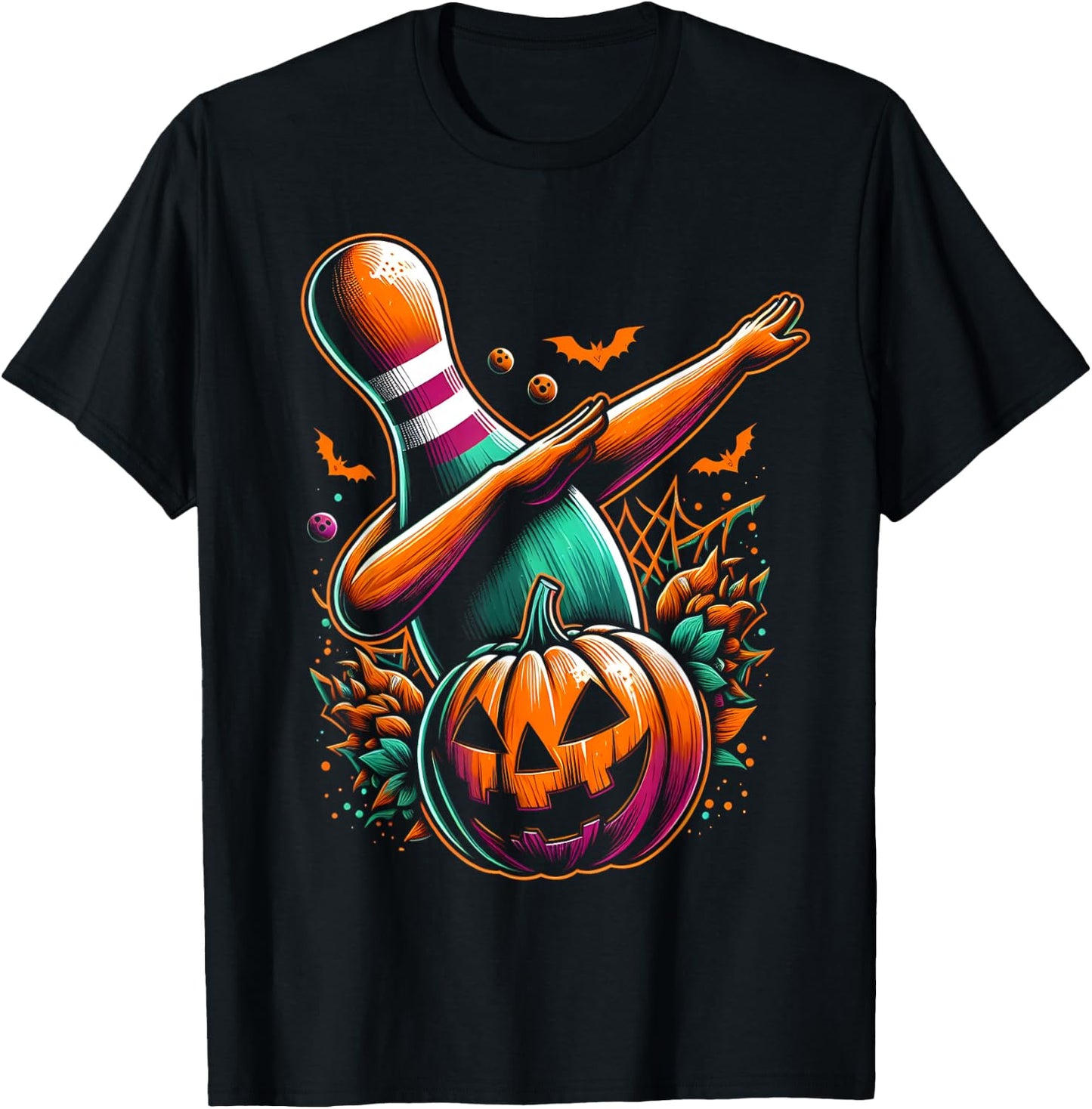 Dabbing Bowling Pin Pumpkin Spooky Halloween Bowling Costume T-Shirt - T-Shirt | Black