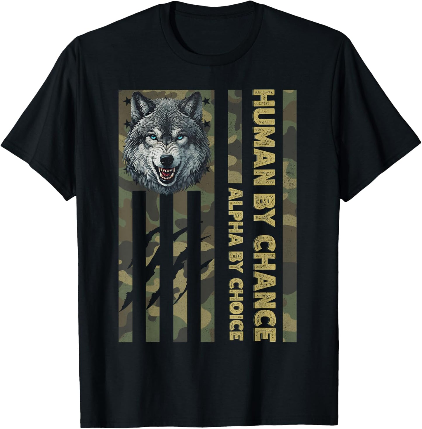 Funny Alpha Wolf Meme Human By Chance Camo American Flag USA T-Shirt - T-Shirt | Black