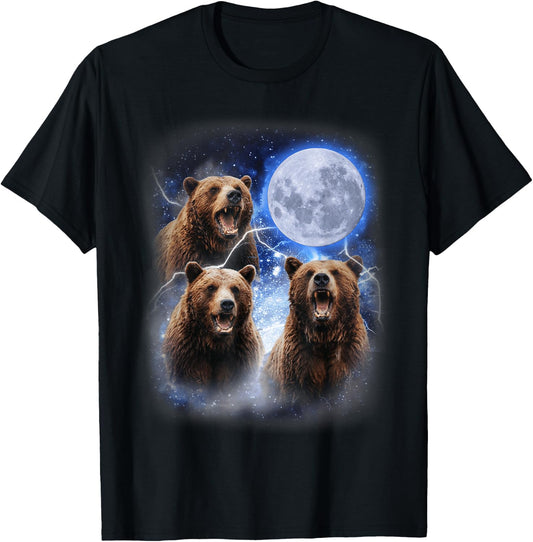 Three Grizzly Bears Howl at Moon Starry Mountain Forest Bear T-Shirt - T-Shirt | Black