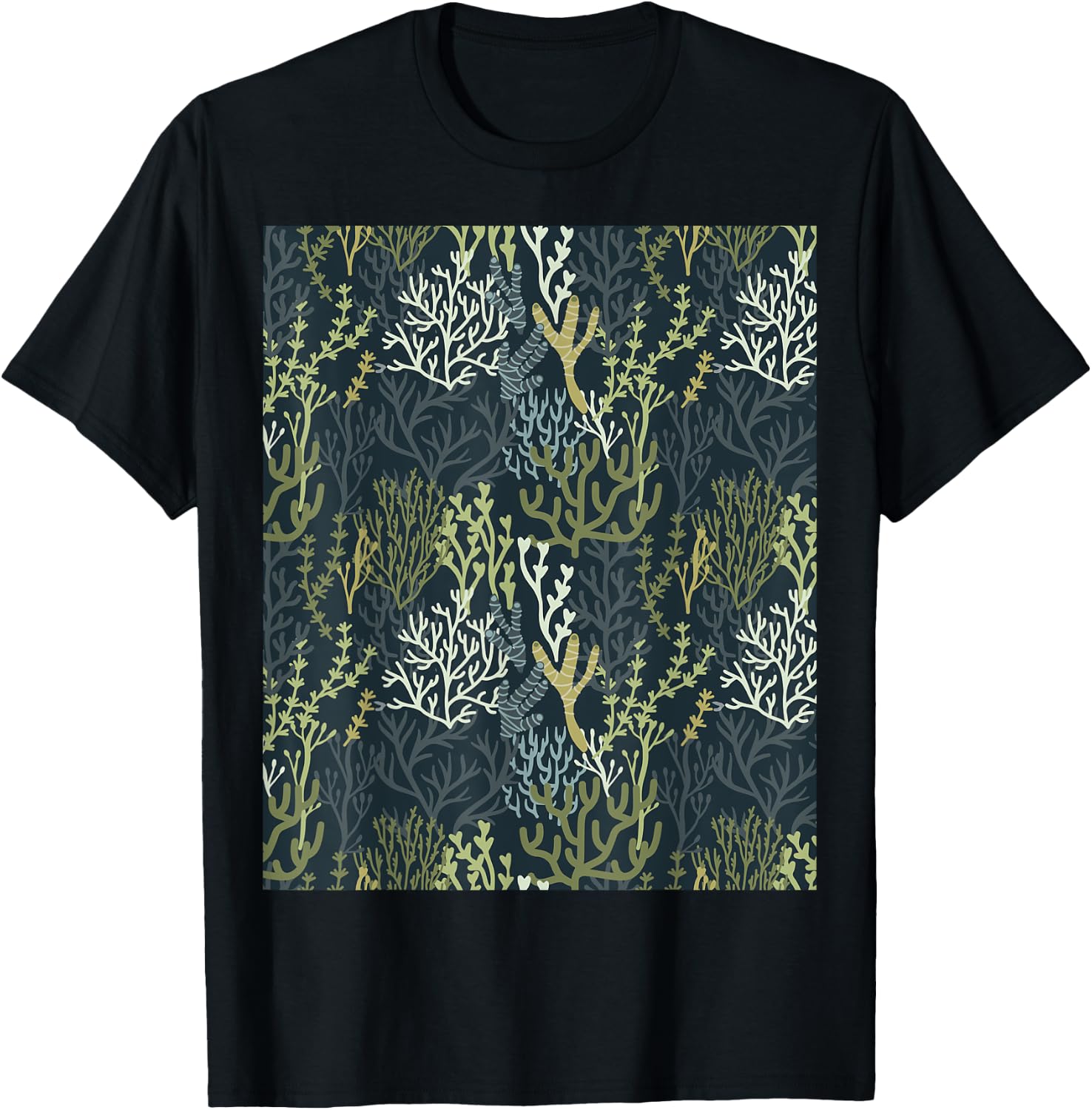 Coastal Grandma Beachy Green Coral Reef Pattern Men Women T-Shirt - T-Shirt | Black