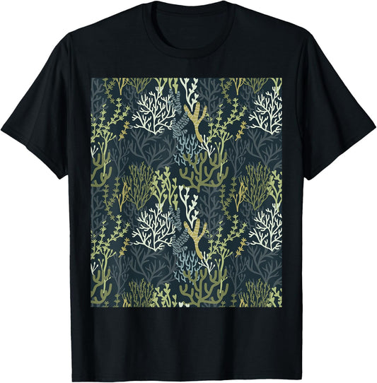 Coastal Grandma Beachy Green Coral Reef Pattern Men Women T-Shirt - T-Shirt | Black