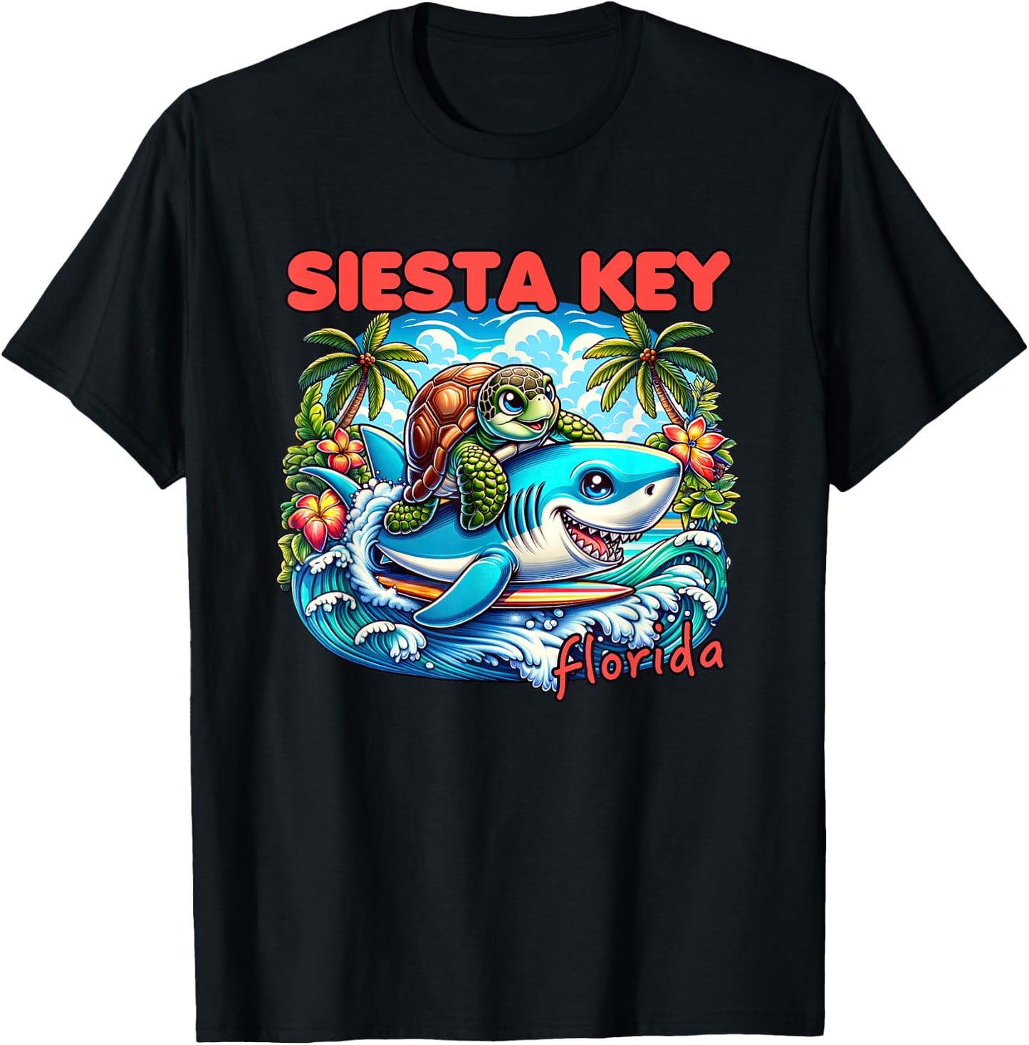 Siesta Key Florida Beach Turtle and Shark T-Shirt - T-Shirt | Black