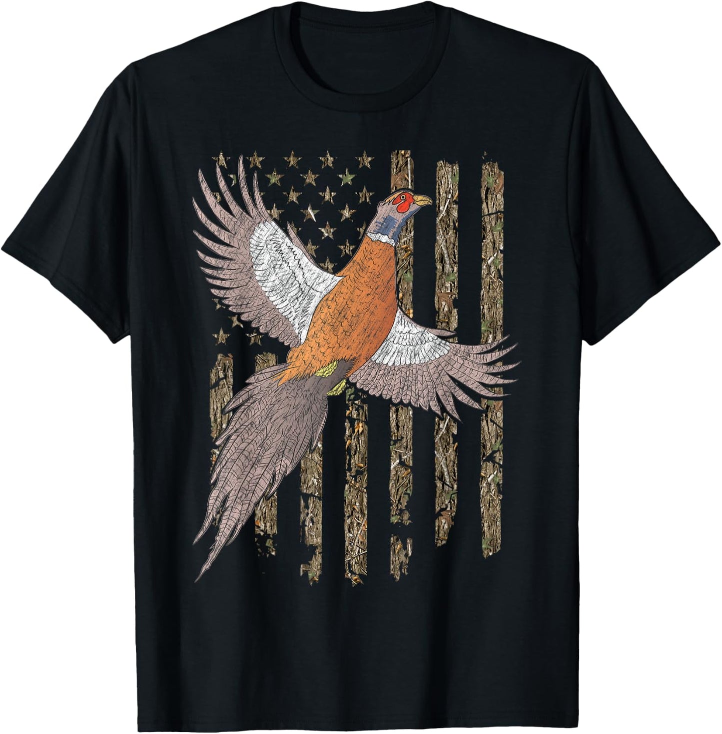 Pheasant Bird Hunting Usa American Flag Tree Camouflage T-Shirt - T-Shirt | Black