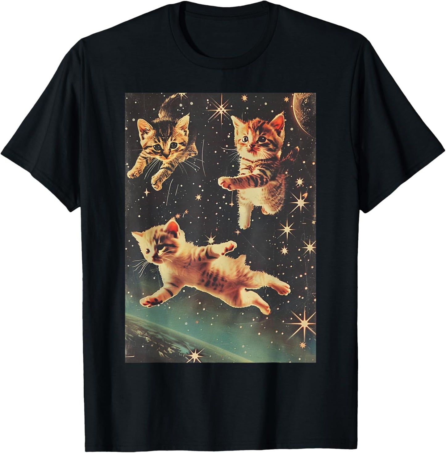 Funny Cat Kittens in Space Cute Retro Art Vintage T-Shirt - T-Shirt | Black