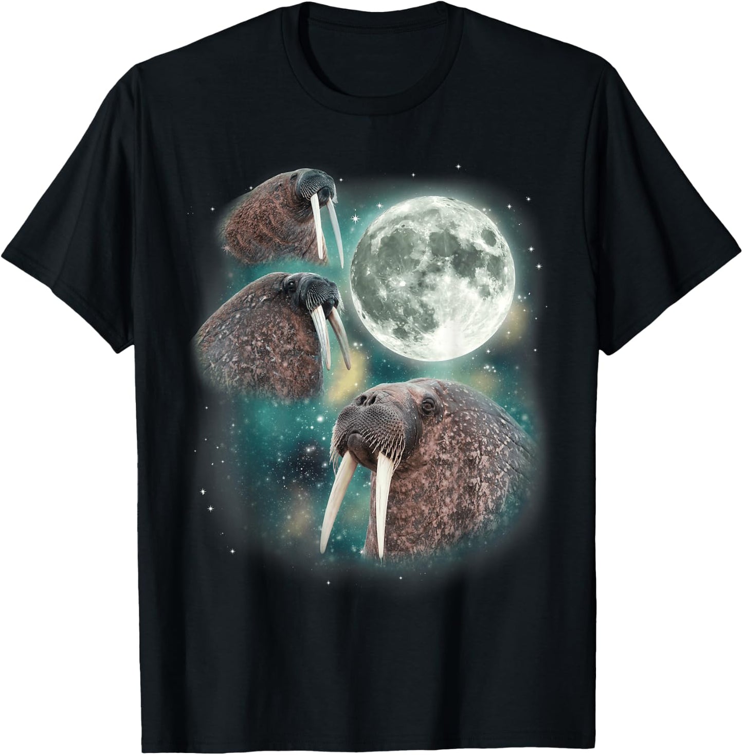 Three Walrus Moon | 3 Howling Walruses Pinniped Moon Parody T-Shirt - T-Shirt | Black