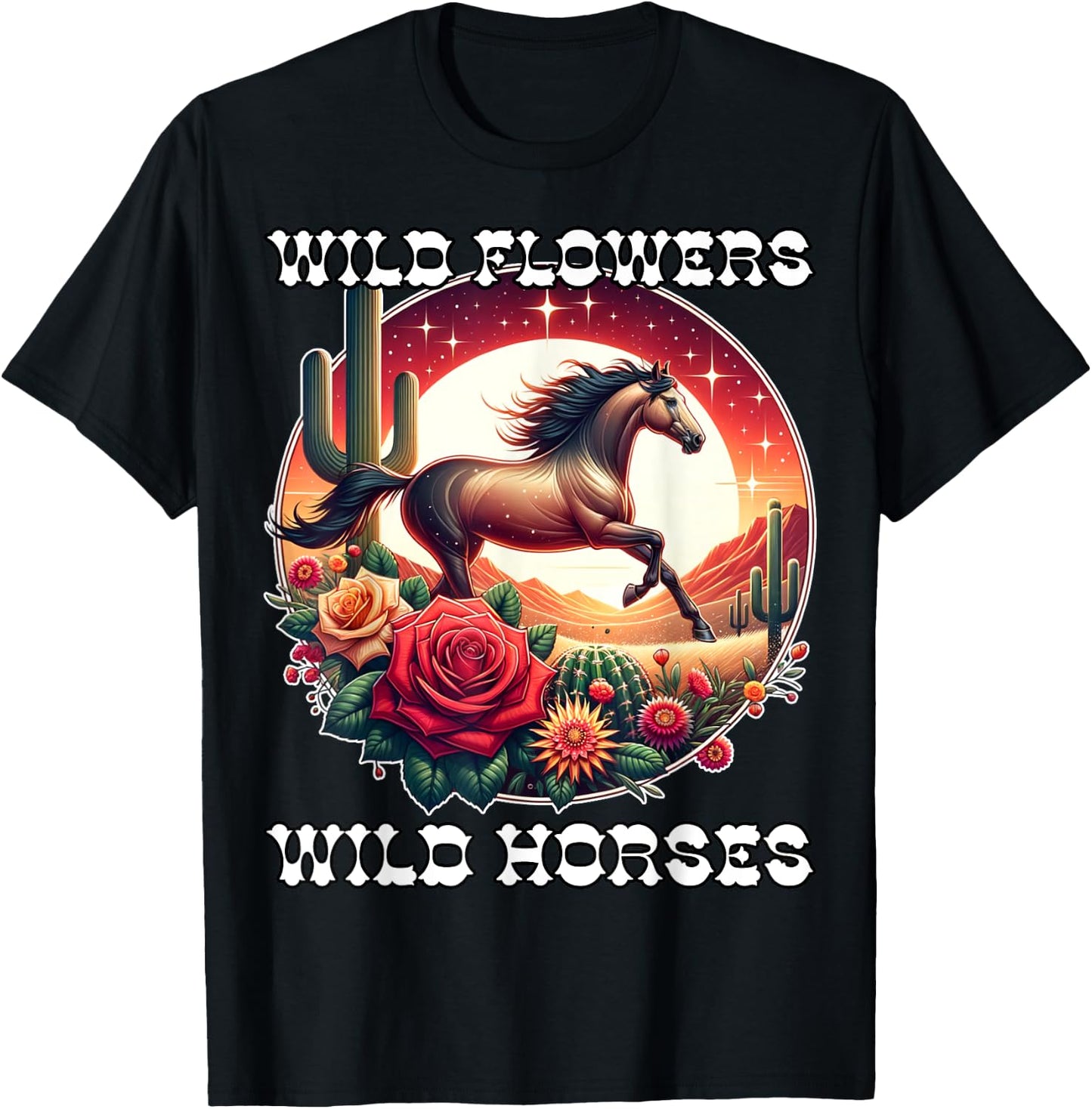 Wild Flowers and Wild Horses Vintage Sunset Country Cowgirl T-Shirt - T-Shirt | Black