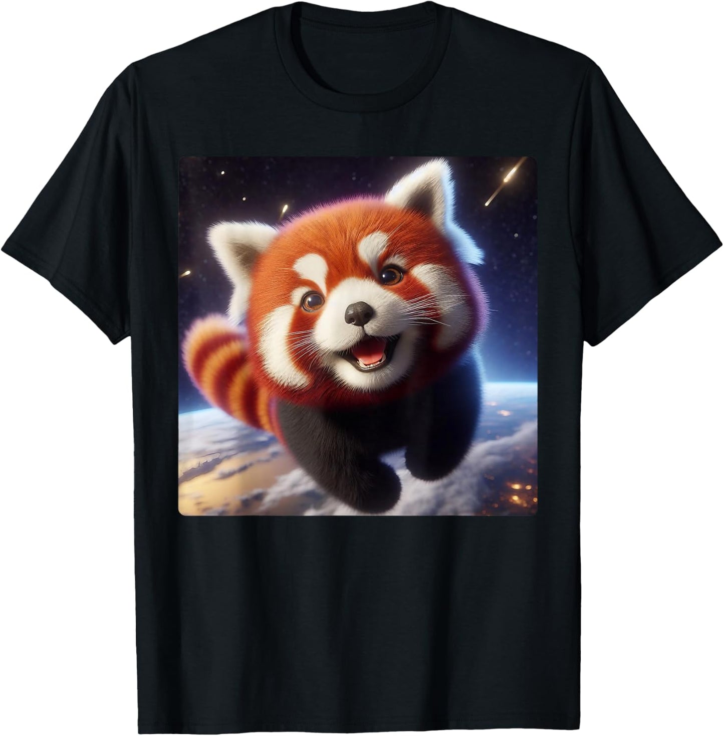 Cute and Happy Red Panda Flying in Space T-Shirt - T-Shirt | Black