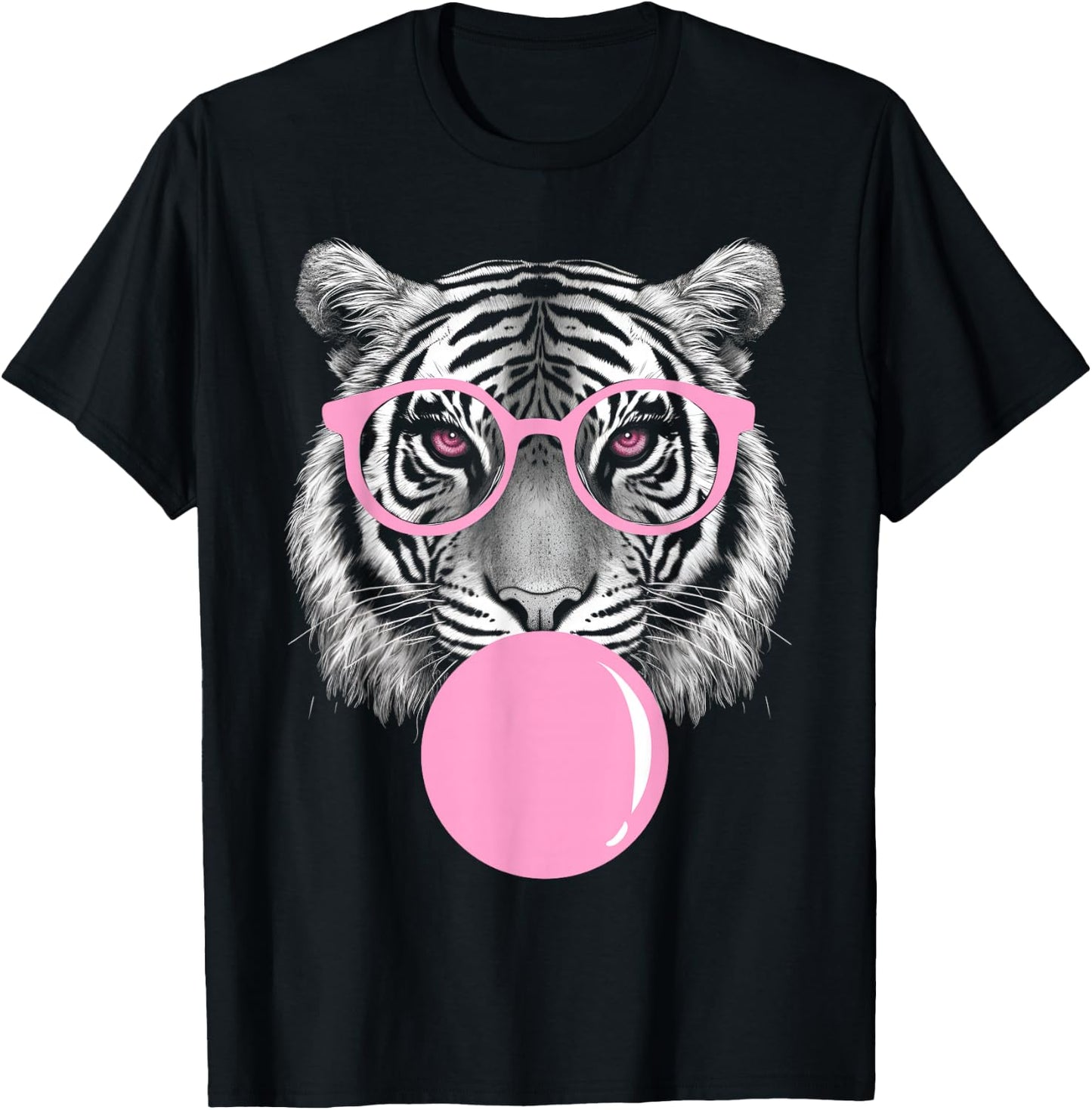 Funny Tiger Wearing Glasses and Blowing Pink Bubble Gum T-Shirt - T-Shirt | Black