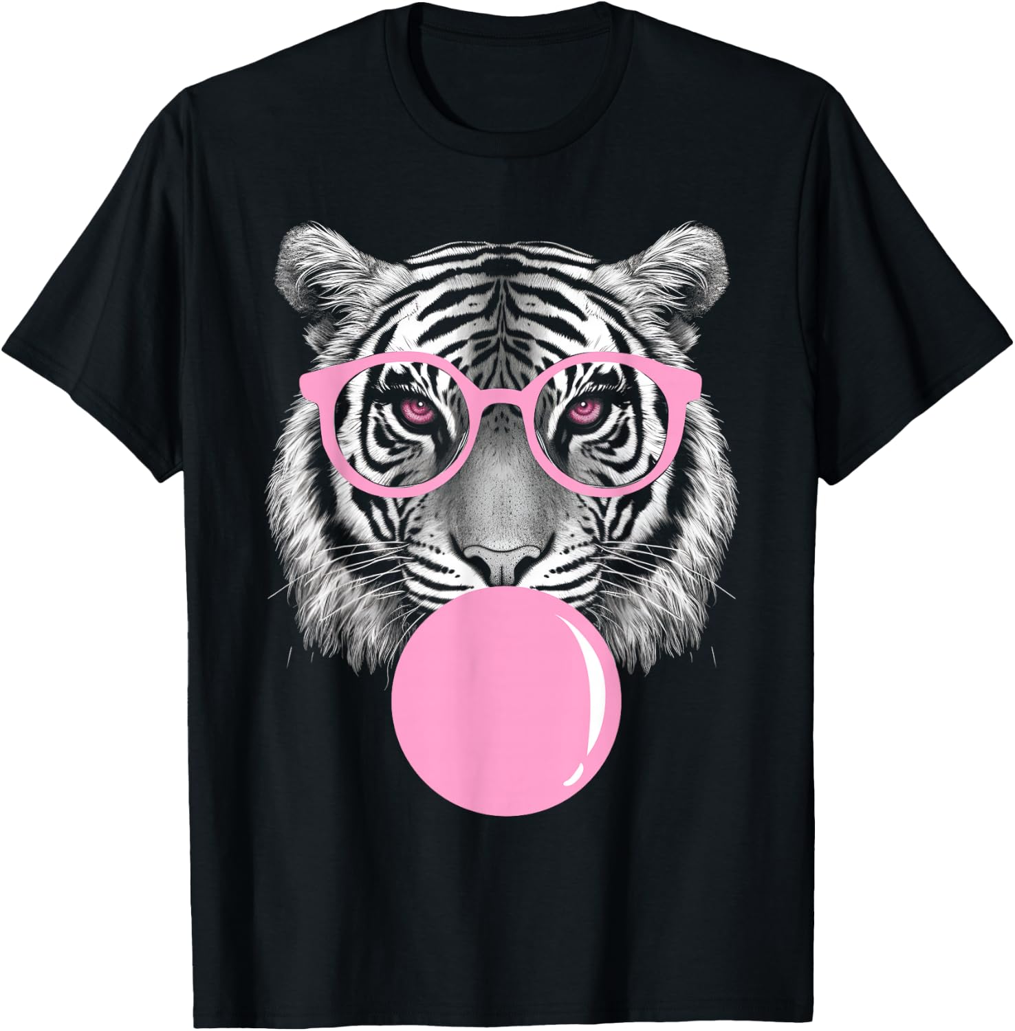 Funny Tiger Wearing Glasses and Blowing Pink Bubble Gum T-Shirt - T-Shirt | Black