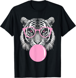 Funny Tiger Wearing Glasses and Blowing Pink Bubble Gum T-Shirt - T-Shirt | Black