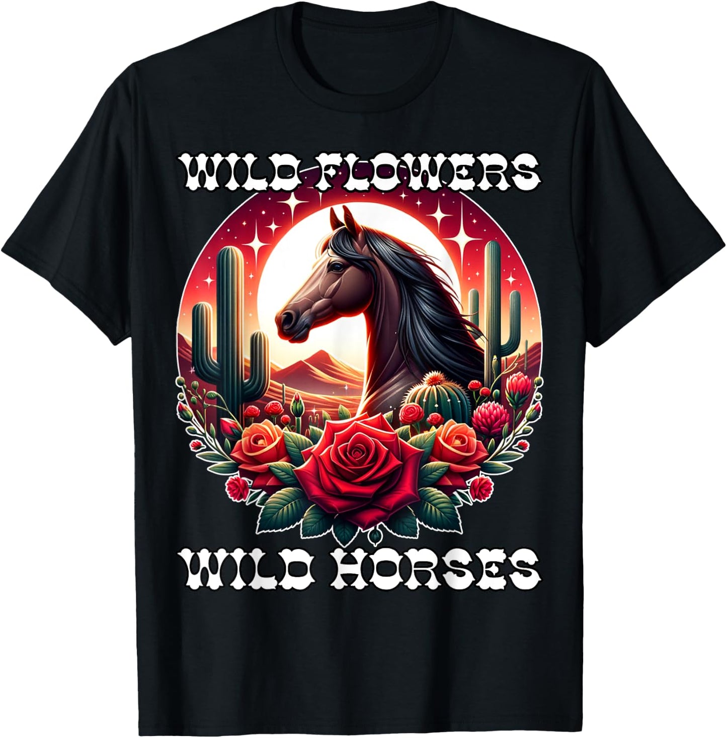 Wild Flowers and Wild Horses Vintage Sunset Country Cowgirl T-Shirt - T-Shirt | Black