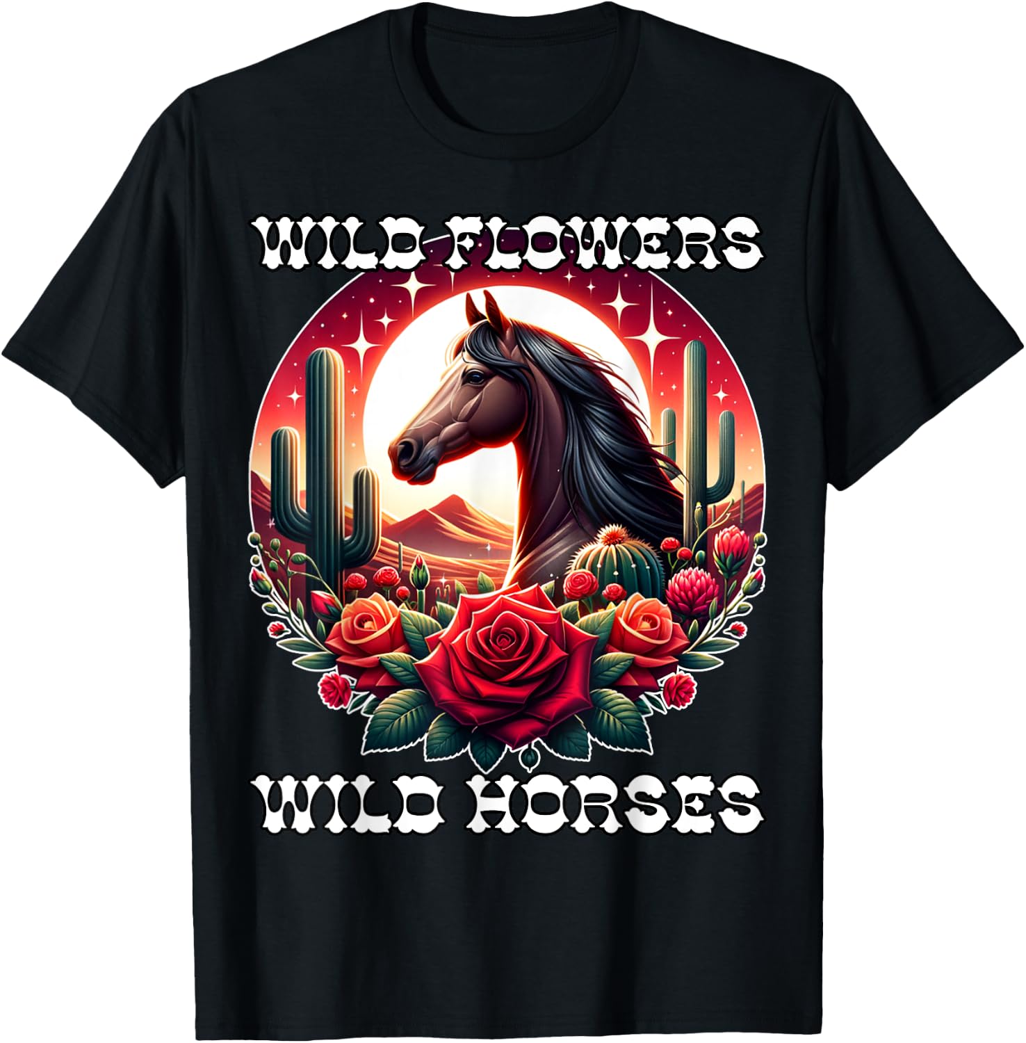 Wild Flowers and Wild Horses Vintage Sunset Country Cowgirl T-Shirt - T-Shirt | Black