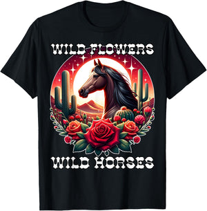 Wild Flowers and Wild Horses Vintage Sunset Country Cowgirl T-Shirt - T-Shirt | Black