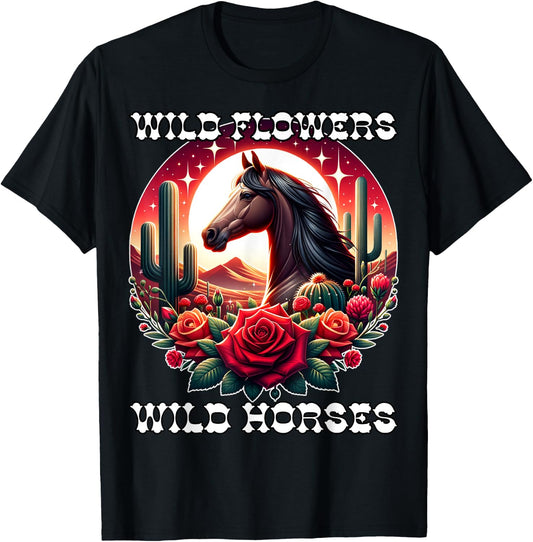 Wild Flowers and Wild Horses Vintage Sunset Country Cowgirl T-Shirt - T-Shirt | Black