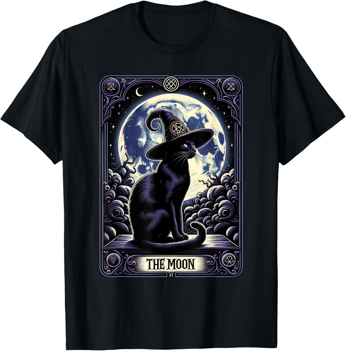 Vintage Tarot Card Style Crescent Moon & Witch Hat Black Cat Men Women T-Shirt - T-Shirt | Black