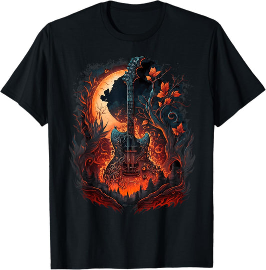 Flaming Electric Guitar in Burning Nature with Flames T-Shirt - T-Shirt | Black