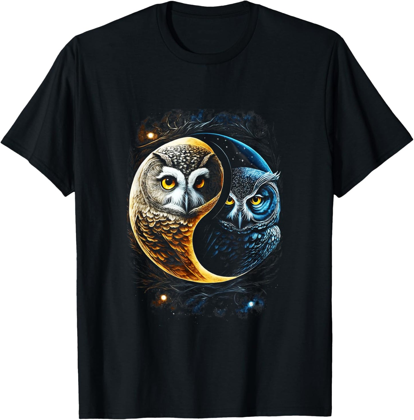 Moon Owl Birds Barn Humorous Yin And Yang Chinese T-Shirt - T-Shirt | Black