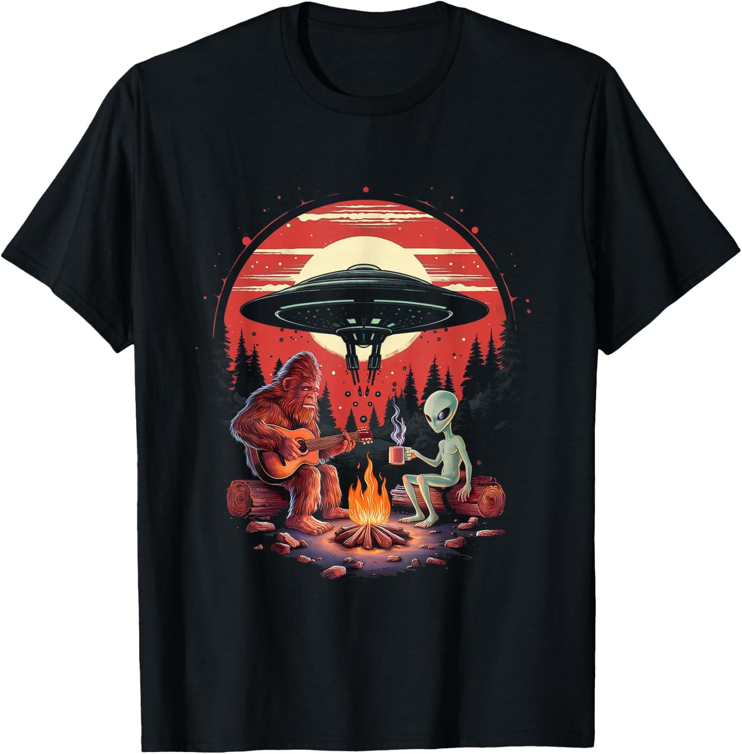 Alien And Bigfoot Campfire Sasquatch UFO For Outdoor Lovers T-Shirt - T-Shirt | Black