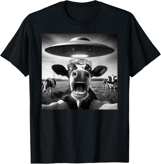 Funny Cow Abduction by UFO Selfie - Hilarious Alien Meme T-Shirt - T-Shirt | Black