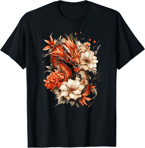 Crimson Serpent and Peony Bloom Asian Myth Motif T-Shirt - T-Shirt | Black